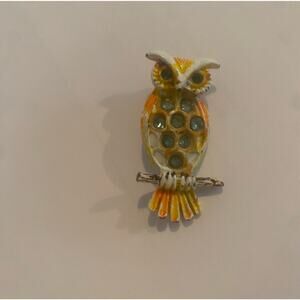 Vintage Owl Brooch Pin Gold Tone Yellow Orange Enamel Green Rhinestones